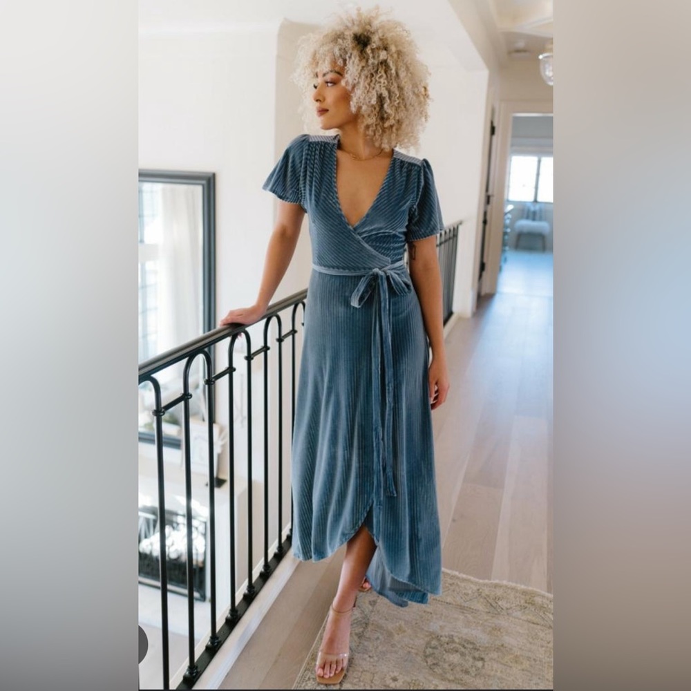 Andi Ribbed Velvet Wrap Dress - Persian Blue